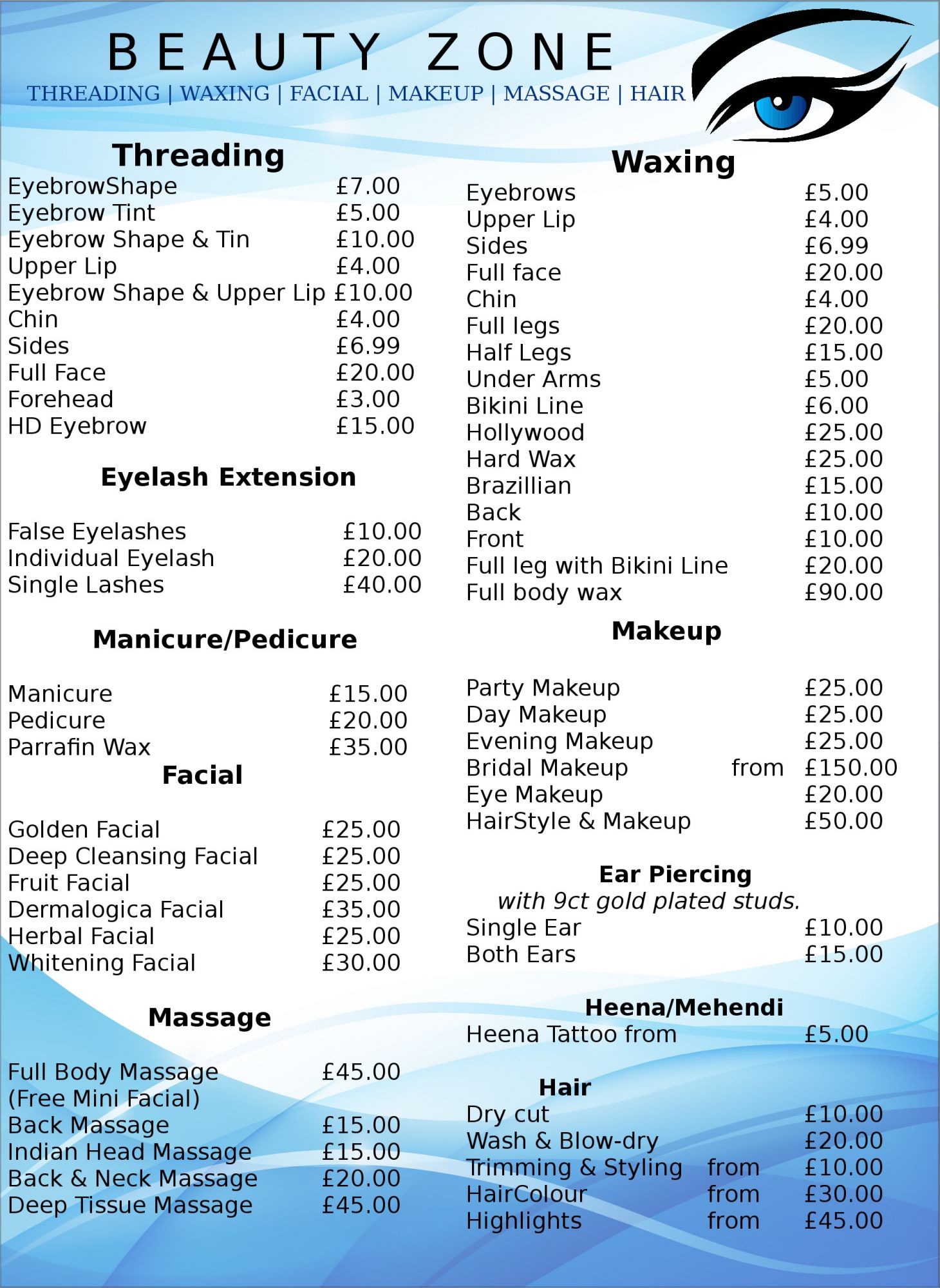 Price and Treatment list for Beauty Zone