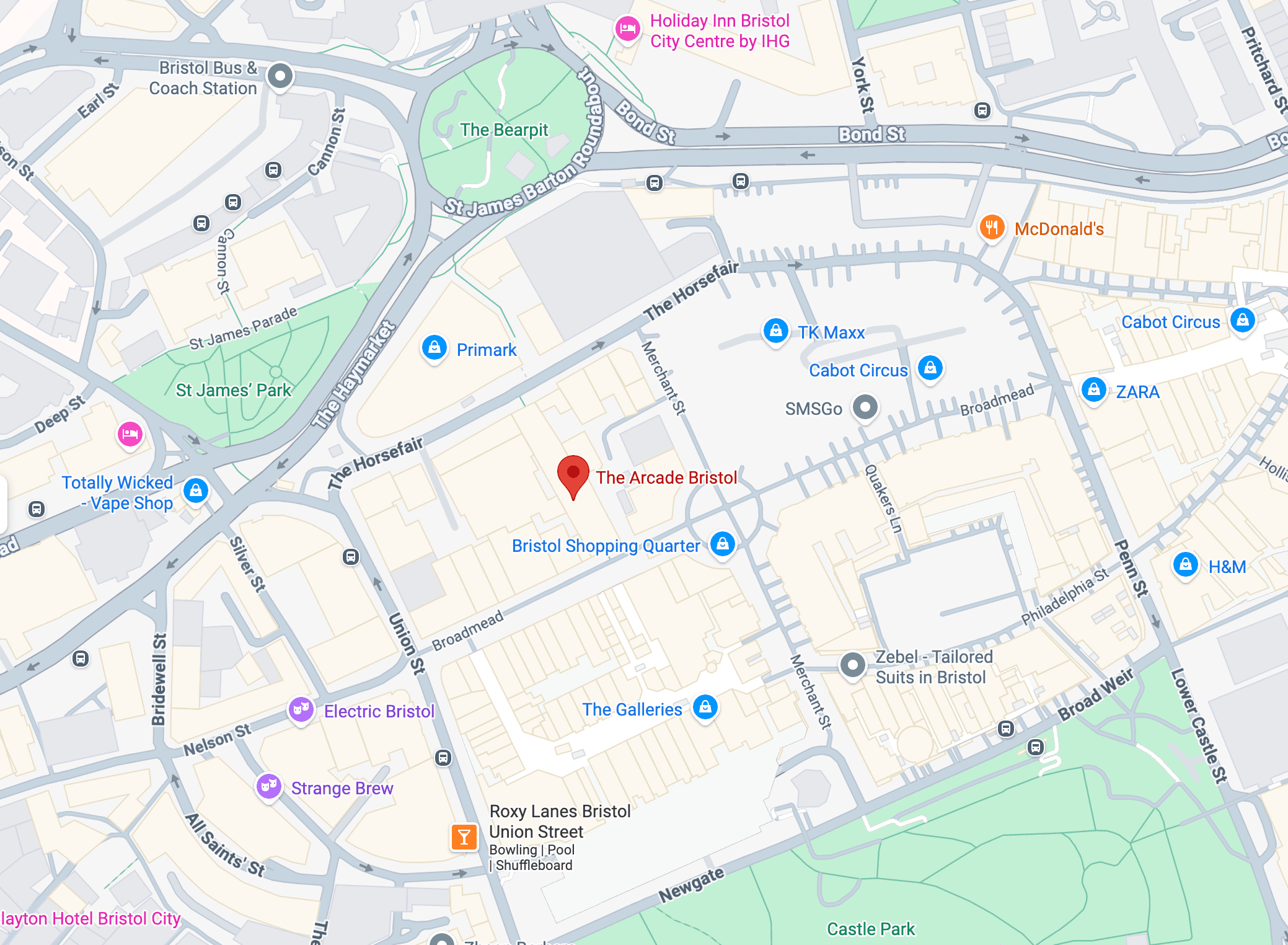 Map showing The Arcade Bristol location