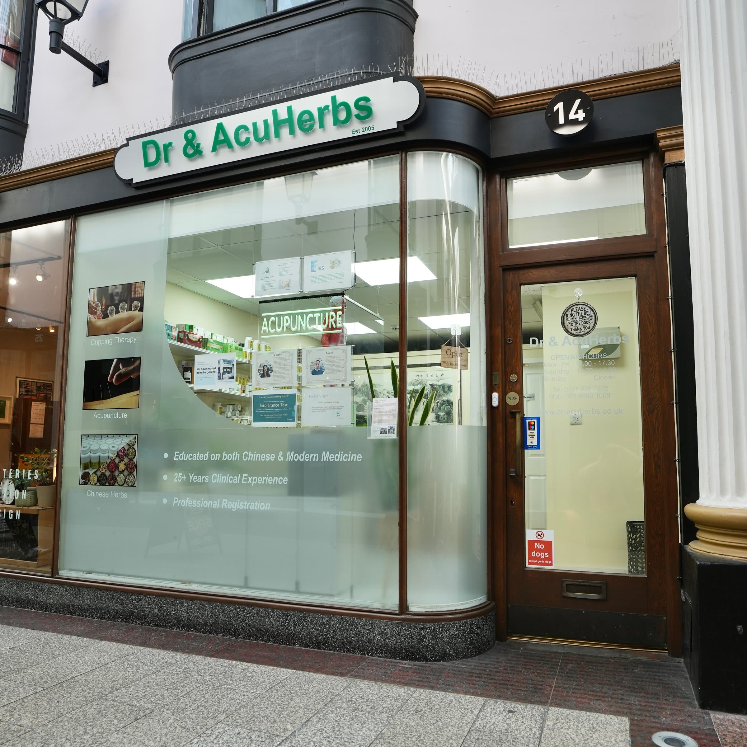 Dr & Acuherbs shopfront in The Arcade, Bristol