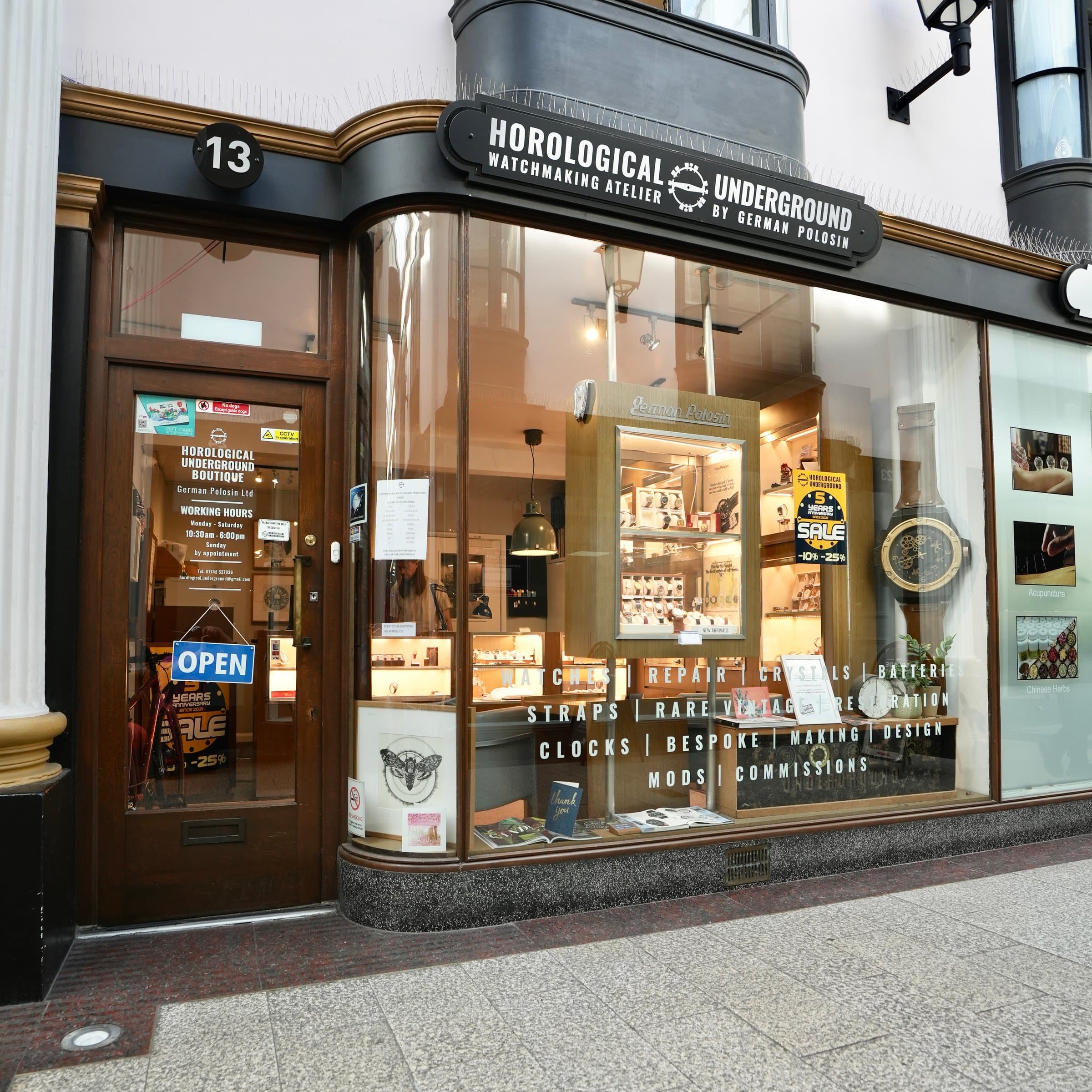 Horological Underground shopfront in The Arcade, Bristol